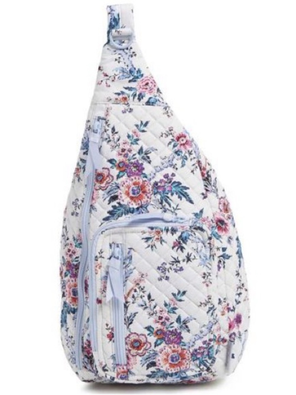 Vera Bradley White Quilted Floral Sling Backpack with Blue and Pink Flowers